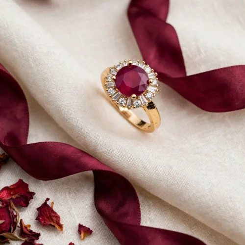 Gold Ruby Round Halo Ring