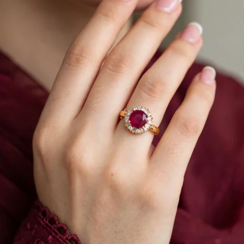 Gold Ruby Round Halo Ring