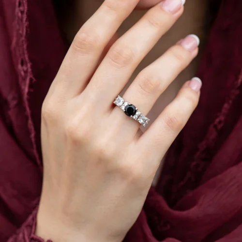 Silver Black Crystal Side Ring