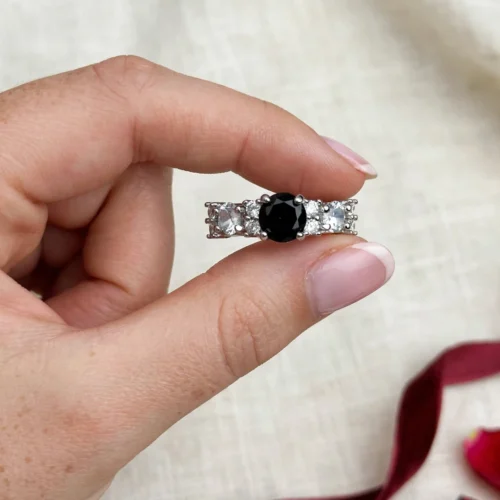 Silver Black Crystal Side Ring
