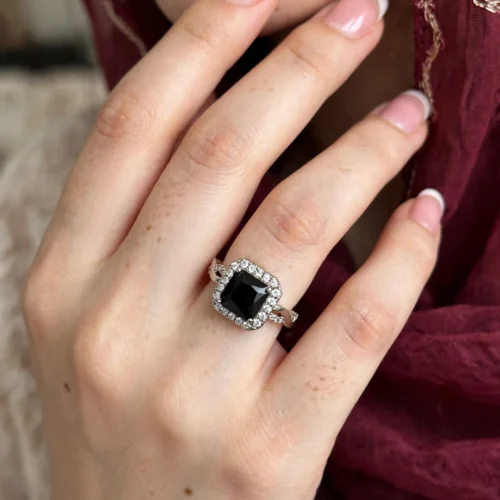 Silver Black Square Halo Ring