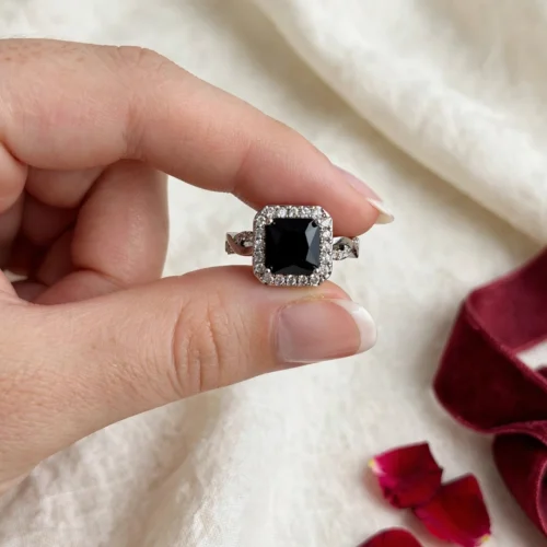 Silver Black Square Halo Ring