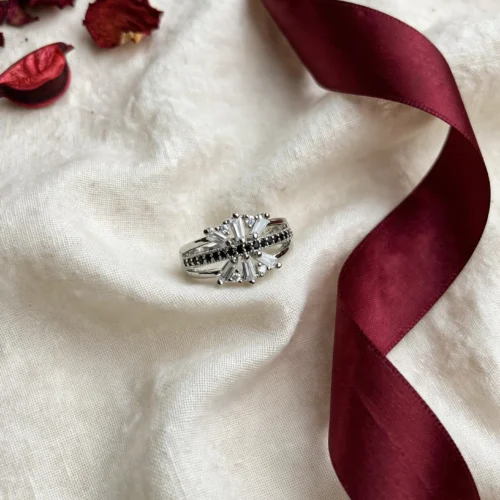 Silver Black Starburst Ring