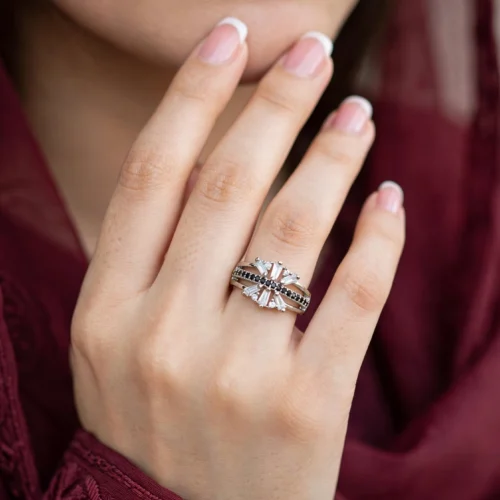 Silver Black Starburst Ring