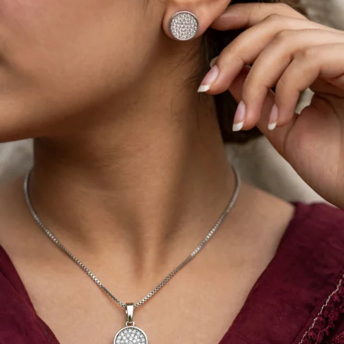 Silver Pavé Disc Pendant Set