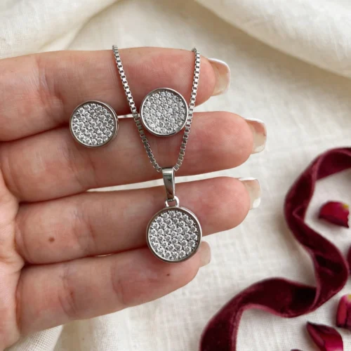 Silver Pavé Disc Pendant Set