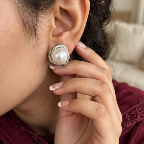 Silver Pearl Crystal Stud Earrings
