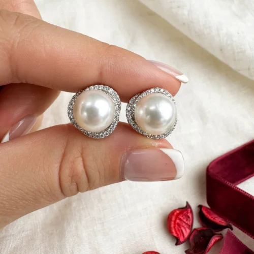 Silver Pearl Crystal Stud Earrings