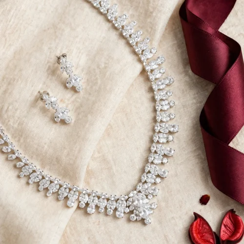 Silver Crystal Leaf Necklace Set