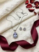 Silver Teardrop Crystal Pendant Set with Stud Earrings